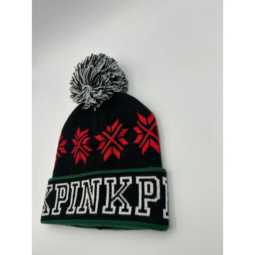 Victorias Secret PINK Beanie Hat Black Red Snowflake Fair Isle Pom Pom Knit